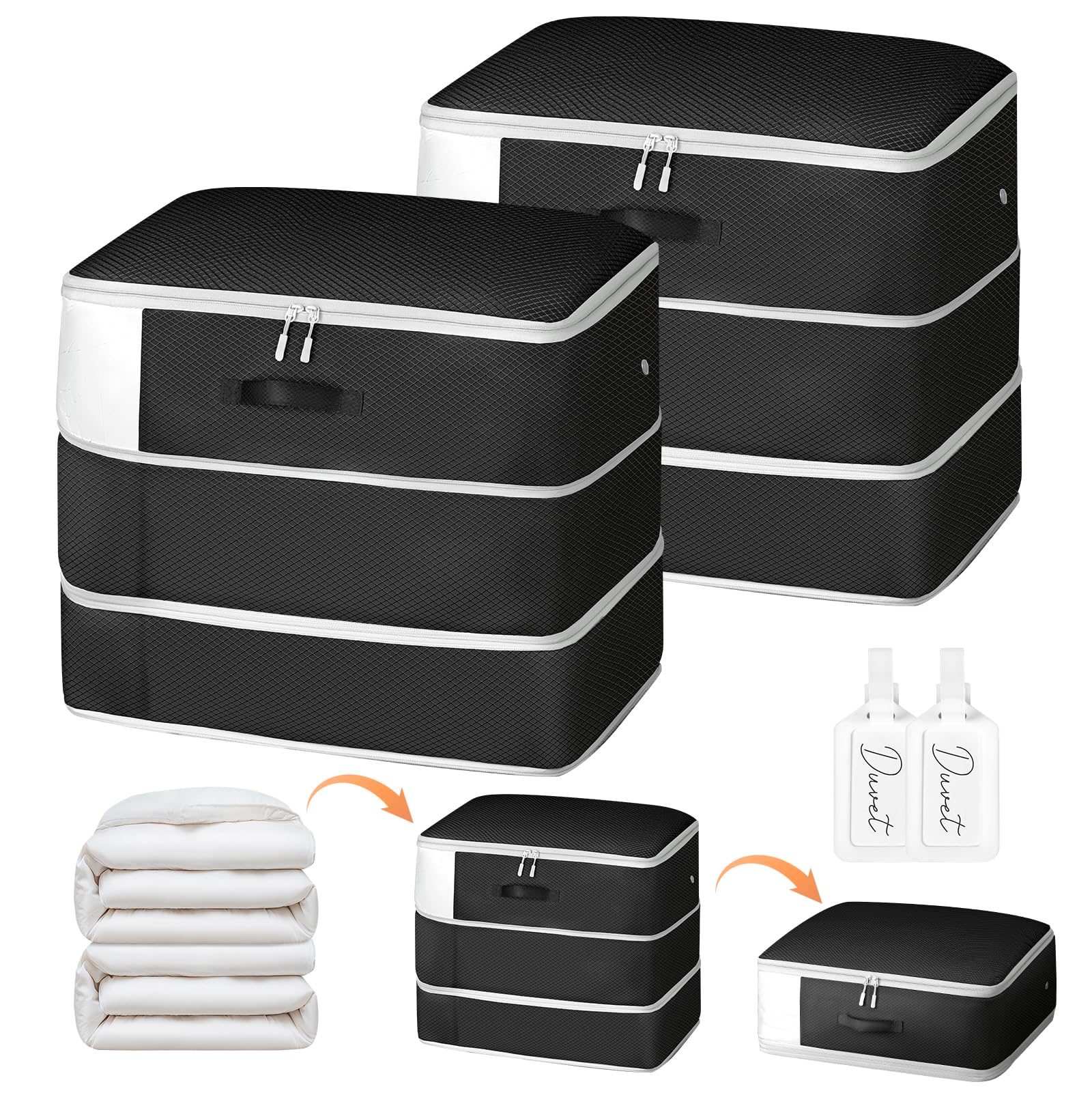 DIMJ Duvet Storage Compression Organiser Bags - 2 Pack 3-Layer Ultra Space Saving Self Compression Organiser with Clear Window, Washable Compression Bags for Comforters Bedding Moving Bags Dorm, Black