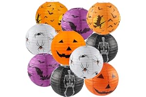 LURICO 10PCS Halloween Paper Lanterns, Hanging Jack-O'-Lantern Spider Skeleton Pumpkin for Halloween Party Decor, Indoor & Outdoor Spooky Home Decor - 10 Inches