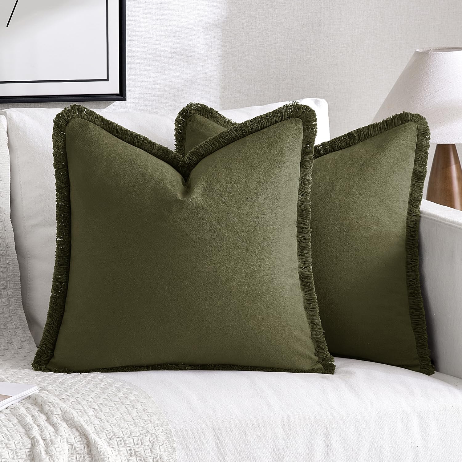 Photo 1 of MIULEE Throw Pillow Covers Boho Farmhouse 20x20 Set of 2 Decorative Olive Green Couch with Fringe Chic Cotton Pillowcases Home Decor Accents for Spring Cushion Soft Bed Living Room