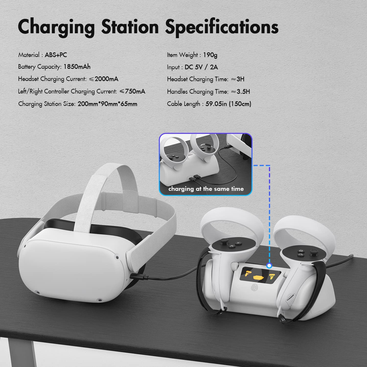 Charging Dock for Quest 2, Charging Stand with LED Light for VR Headset and Controllers, with 2 Rechargeable Batteries, Type-C Charging Cable, 2 Touch Controllers Straps