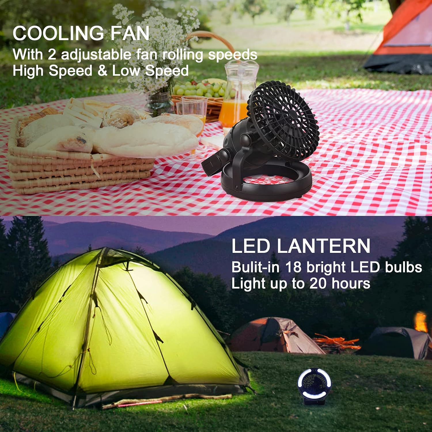 Camping Light Fan, 2in1 Portable Hanging Camping Fan with LED Light