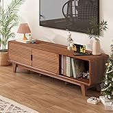 Janmer Home Mid Century Modern TV Stand for 55/60/65 Inch TV, 63" TV Console Table with Fluted Sliding Doors, Entertainment Center and Media Console Cabinet with Storage for Living Room (Walnut)