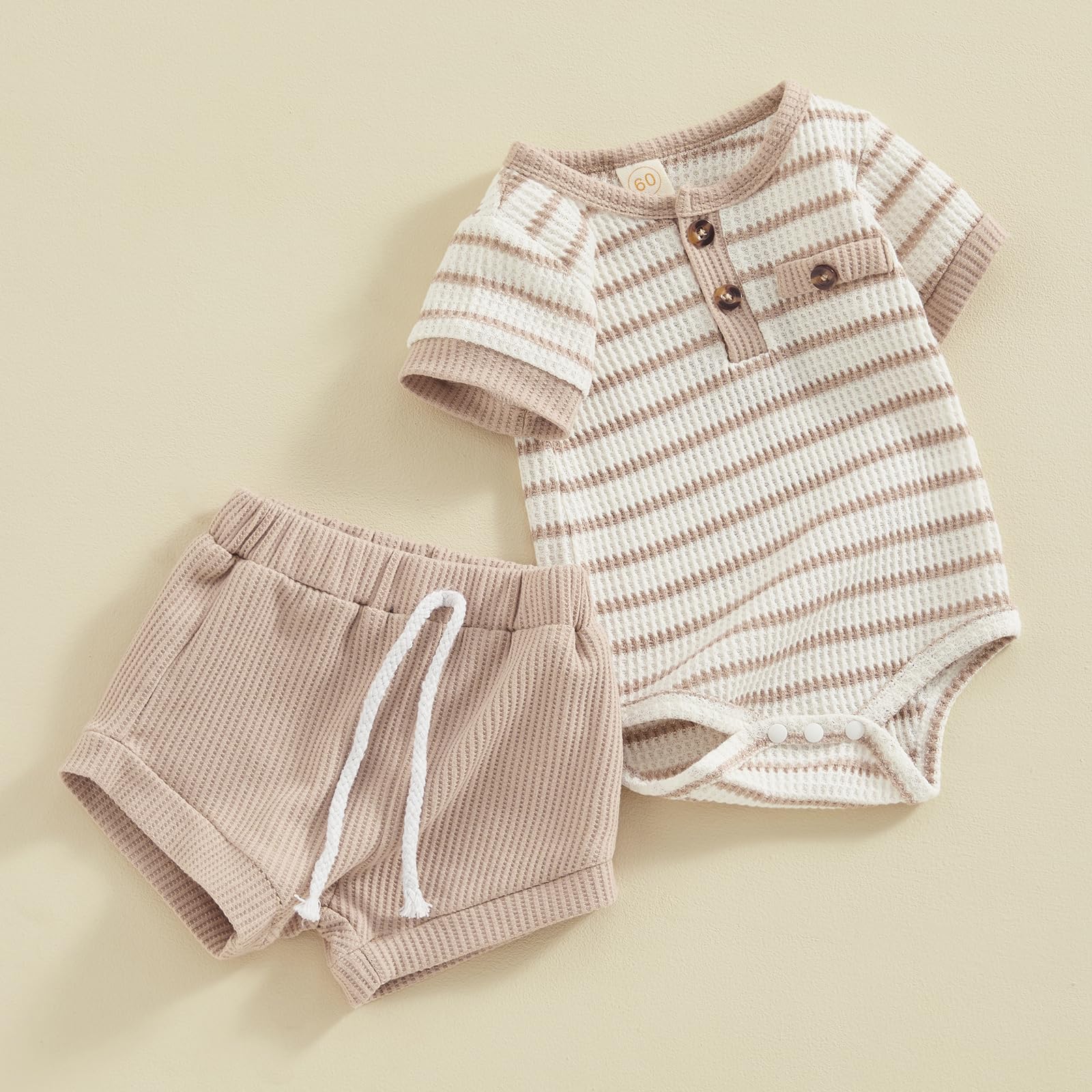 Kuriozud Newborn Baby Boy Summer Clothes Button Short Sleeve Romper Bodysuit Shorts Set Toddler Soft Waffle Outfit