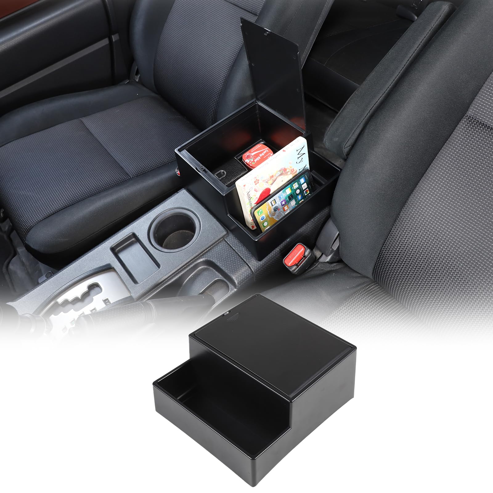 Photo 1 of Car Armrest Storage Box Compatible with Toyota FJ Cruiser 2007-2021, ABS Center Console Organizer Storage Box with Lid Cover, Interior Armrest Insert Container Accessories (Heighten+With Lid Style)