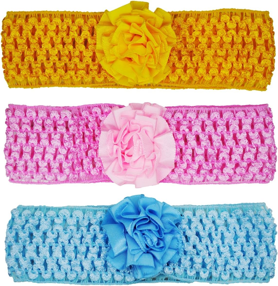 FAVINO Crochet Cutwork Flower Headbands for Baby Girls Head Bands for Baby Girl Kids Combo Hairband for Babies (Pink, Yellow, Blue) 3 Pcs Set