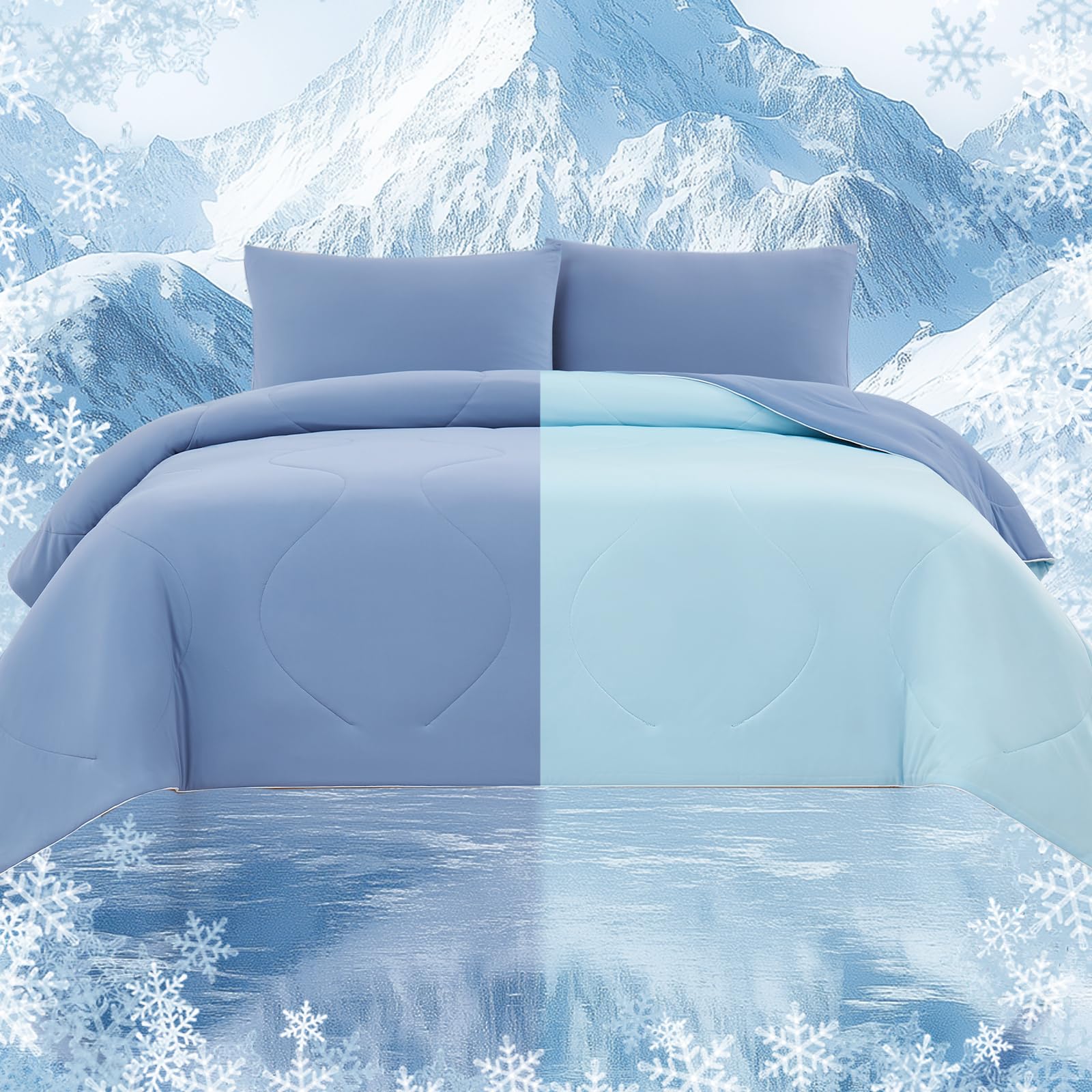 Photo 1 of Quataly Cooling Comforter Set with Sheets&Pillowcases,Cooling Blanket for Hot Sleeper Cold ice Double Side Blue Bed Set Queen Size 4pcs(Comforter+Fitted Sheets+2Pillowcases)