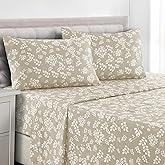 LUX Décor Floral Full Sheet Set - 4 Piece Ultra-Soft Microfiber Bed Sheets with Flat Sheet, 16 Inches Deep Pocket Fitted Sheet & Pillowcases, Breathable, Bedroom Decor, Oeko-TEX - Taupe