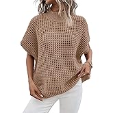 Pink Queen Women's Mock Neck Batwing Short Sleeve Loose Oversized Knit Pullover Sweater Vest Jumper Tops