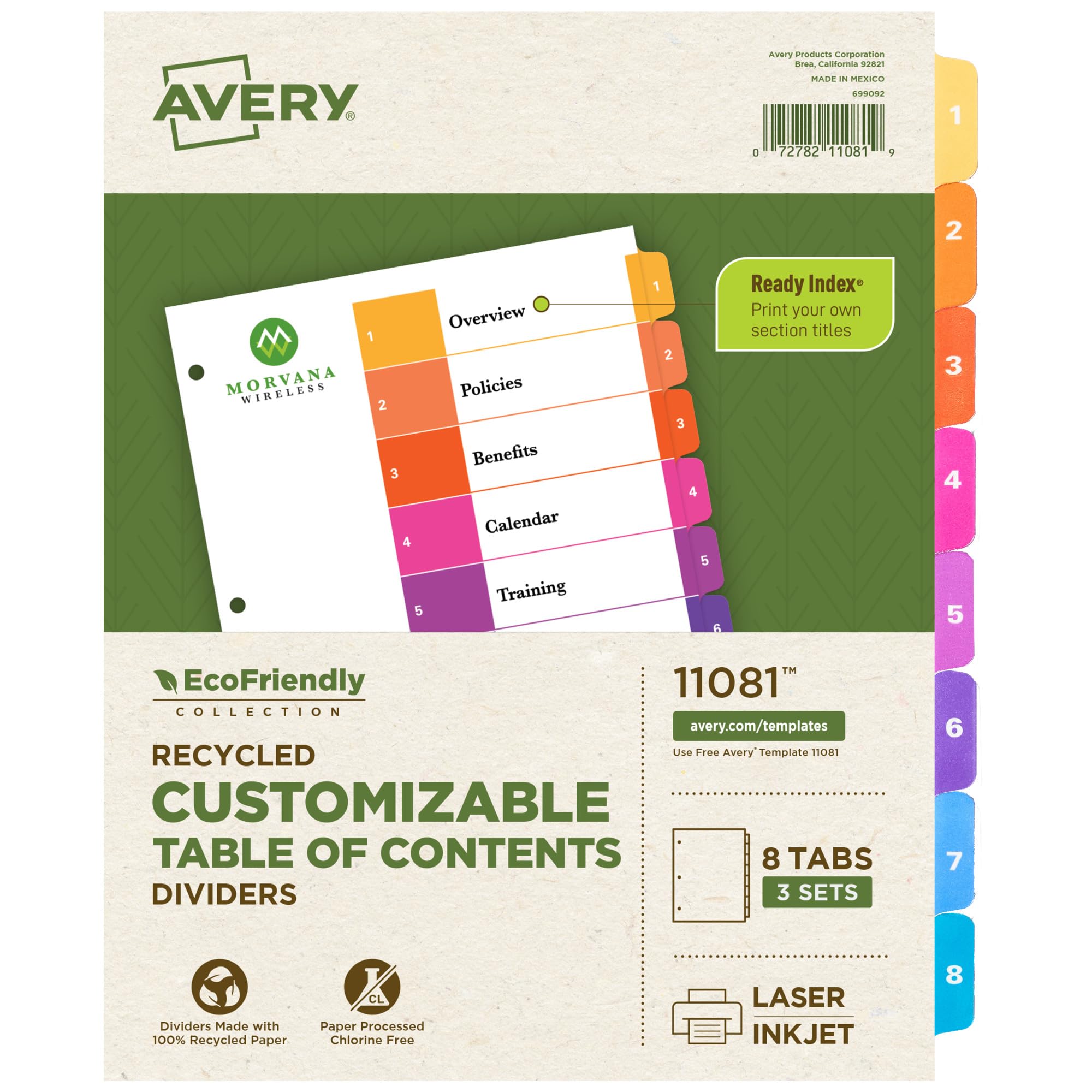 Avery Eco-Friendly 8 Tab Dividers for 3 Ring Binders, Customizable Table of Contents, 3 Sets (11081)