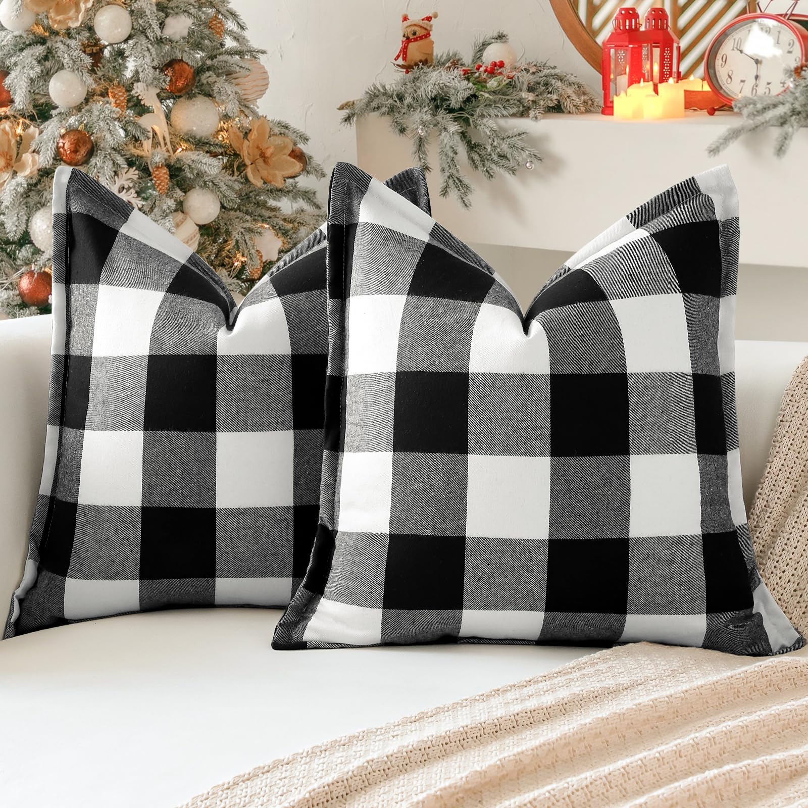 Sungeek Set of 2 Christmas Tartan Cushion Covers 60 x 60 Linen Decorative Buffalo Check Plaid Square Pillow Covers with Stitched Edge for Sofa Couch Bed Living Room 24x24 Inch (Black and White)