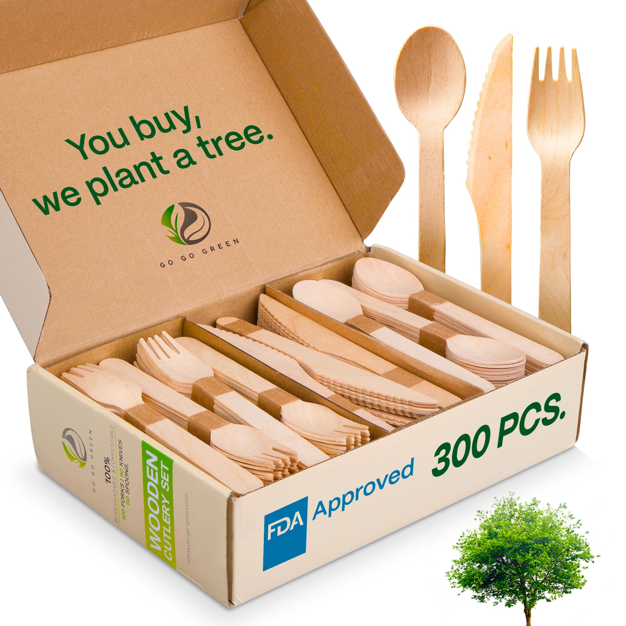 Photo 1 of 100% Compostable Cutlery Set - 300 Pieces Wooden Compostable Utensils [120 Forks, 90 Knives, 90 Spoons] - Disposable Wooden Cutlery, Eco Friendly Forks And Spoons Disposable Cutlery Set Party Utensils