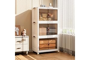 Jalove 50QT Plastic Storage Bins with lids, Stackable Collapsible Storage Containers with Wheels, Closet Organizer and Storage Drawers, Clothes Storage Cabinet for Home Office Garage, 3Pack White