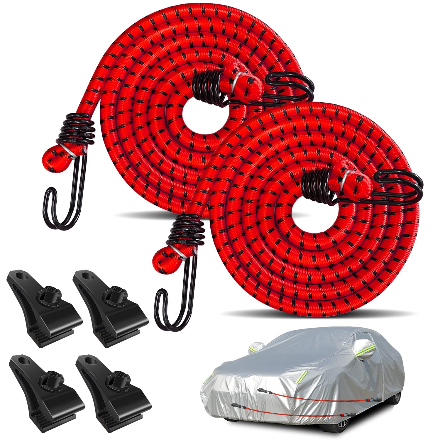 Hlogree 2PCS Car Cover Gust Straps Wind Protector,Bungee Cords Hook Clips Kit Hold Tarp Tie Down from Blowing Off in High Winds-Universal Fit for Most Cars,Sedans,SUVs,Trucks,Vans and More-Red