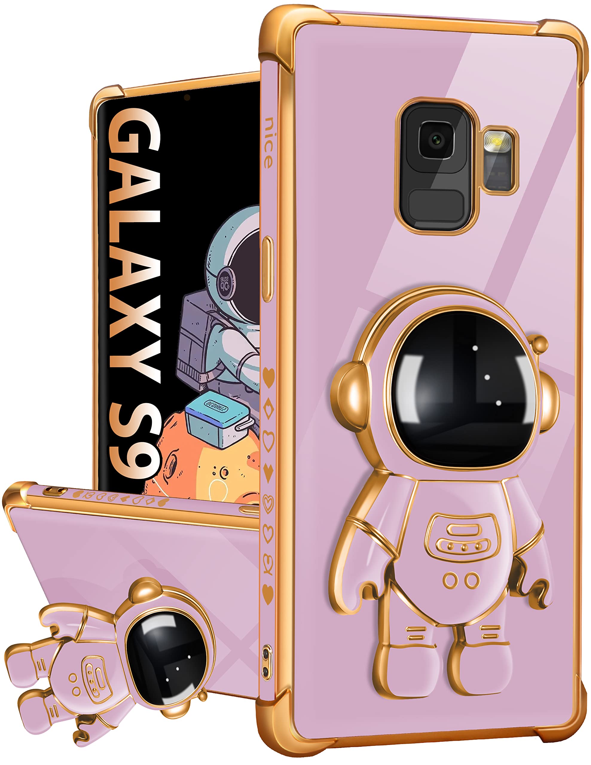 Photo 1 of Buleens for Samsung Galaxy S9 Case with Astronaut Stand, Women Girls Galaxy S9 Cases, Girly Cute 6D Outer Space Heart Pattern Phone Cover for Samsung S9 5.8 Inch Purple