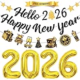 Pre-Strung Hello 2026 Happy New Year Banner with Balloon, No DIY Glitter Black New Years Decorations 2026 for NYE Decorations 2026 Happy New Years Eve Party Supplies