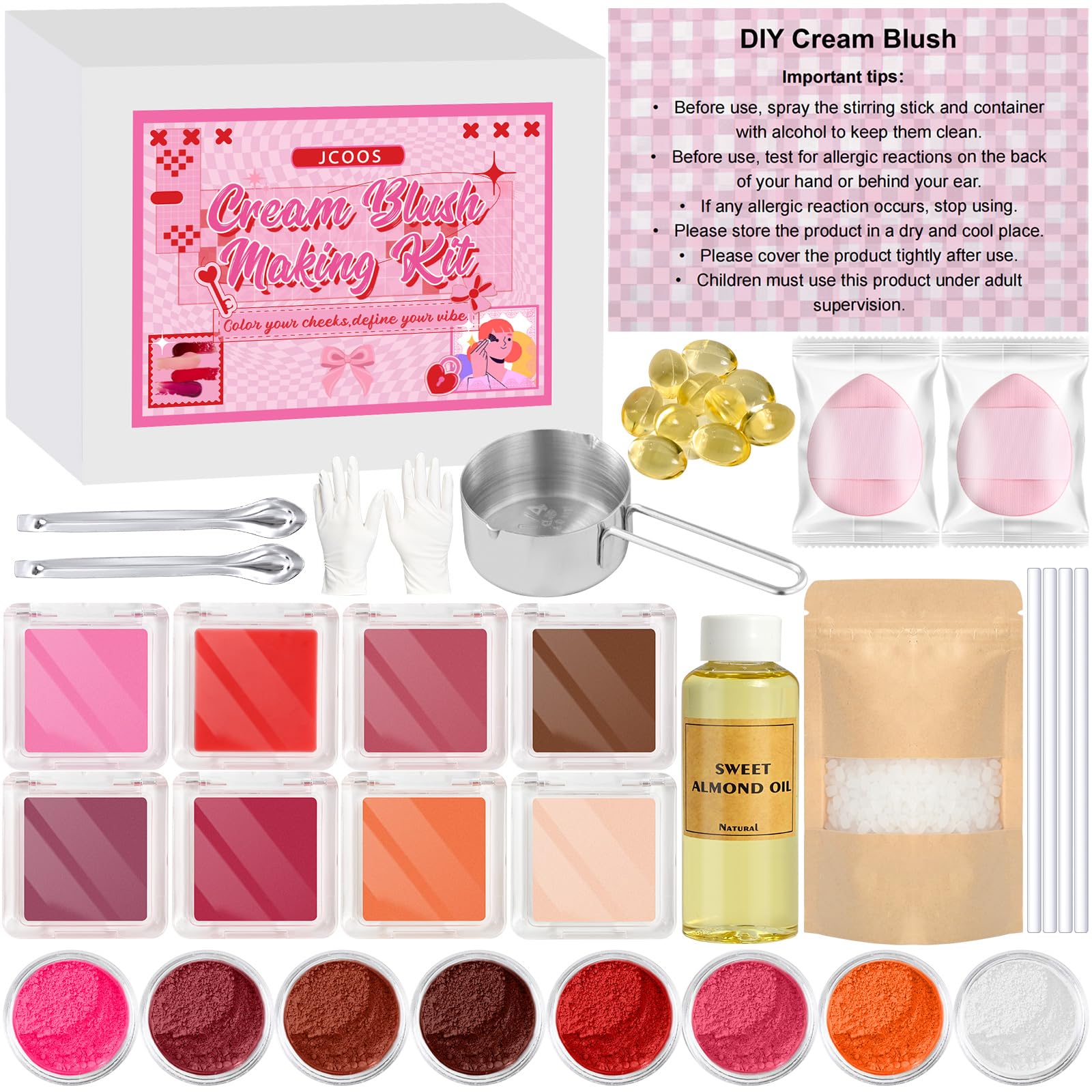 Photo 1 of **MISSING PARTS**
JCOOS DIY Blush Kit, cheek color Making kits, Make Your Own Cream Blush Making Kit Eyeshadow Lip Dewy Finish with Beeswax, Sweet Almond Oil, 8 Colors Pigment, Puff Makeup Gifts For Women Girls