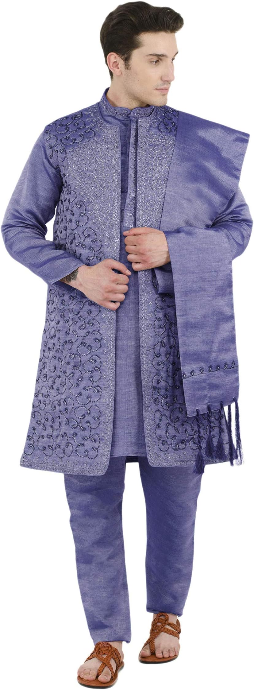 Kurta Pajama for Men with Jacket and Stole Festival Wedding Suit Dress Set