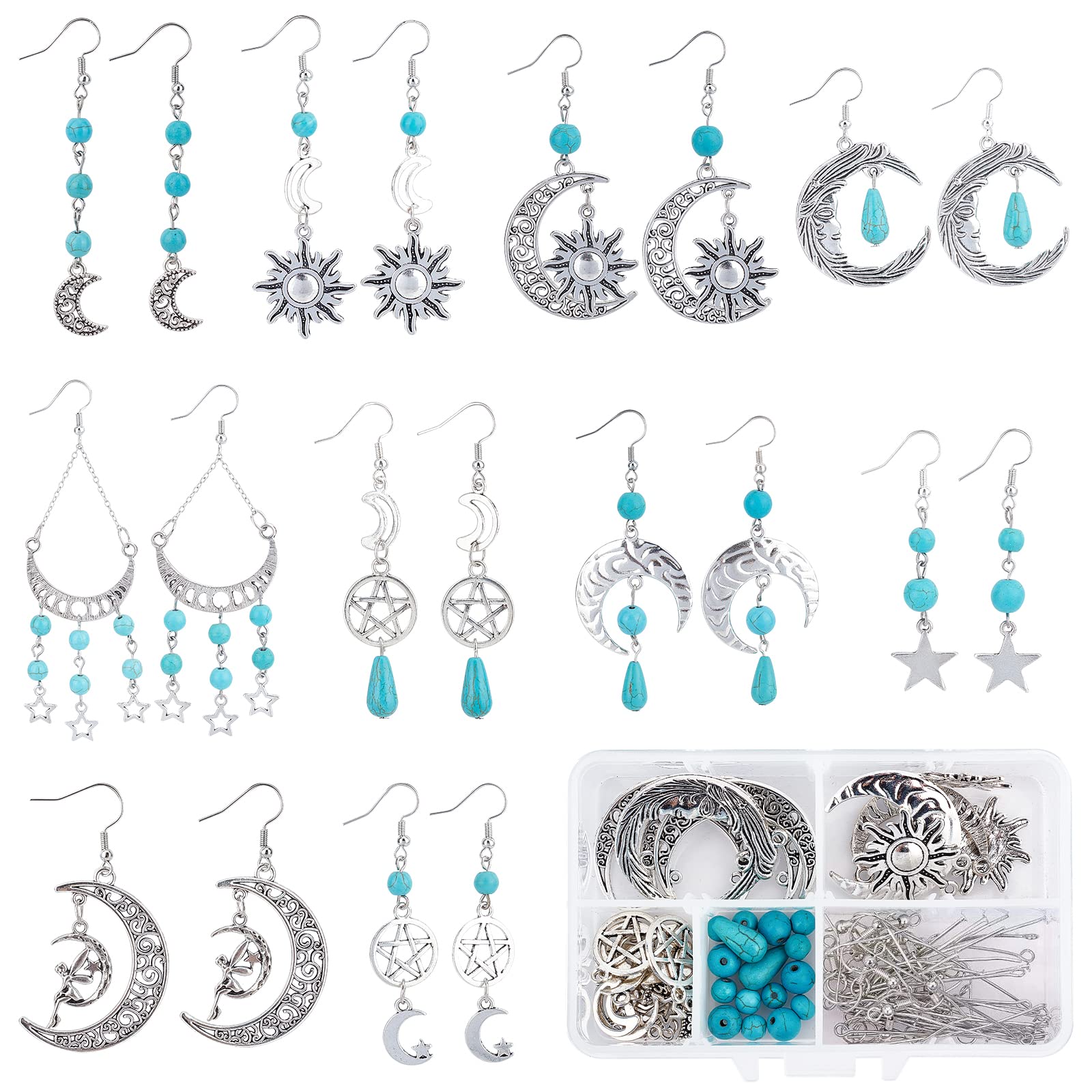 SUNNYCLUE 1 Box DIY 10 Pairs Bohemian Sun Moon Star Charms Earring Making Kit Summer Mysterious Fairy Moon Phase Charms for Jewellery Making Kits Turquoise Gemstone Round Beads Adult Women Starter