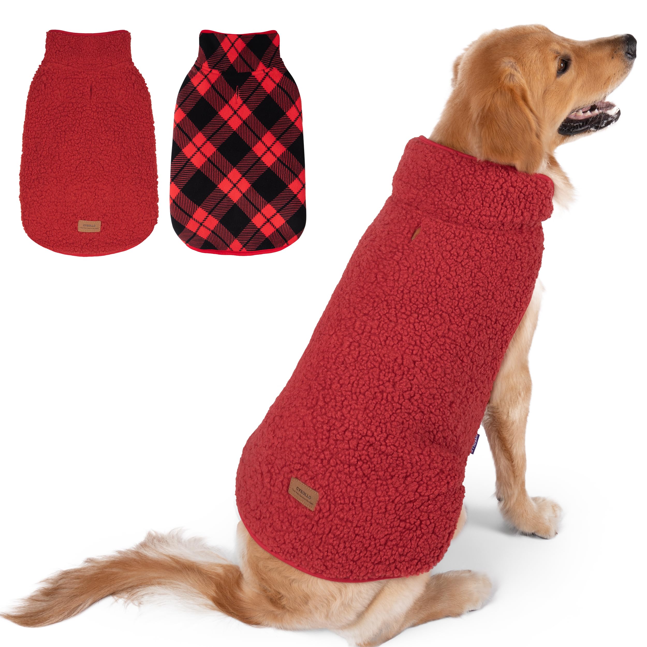 cyeollo 3XL Dog Coat, Fleece Sherpa Winter Sweater Coats, Turtleneck Dog Jacket Vest for Large Dogs with Leash Hole, Soft Reversible Pet Coats for Cold Weather, Buffalo Plaid XXXL Image