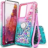 NGB Designed for Samsung Galaxy S21 Ultra & S21 Ultra 5G Case, Pink/Aqua | Glitter Liquid Sparkle Cute Cover for Women Girls Kids | with Screen Protector & Ring Holder & Wrist Strap Lanyard