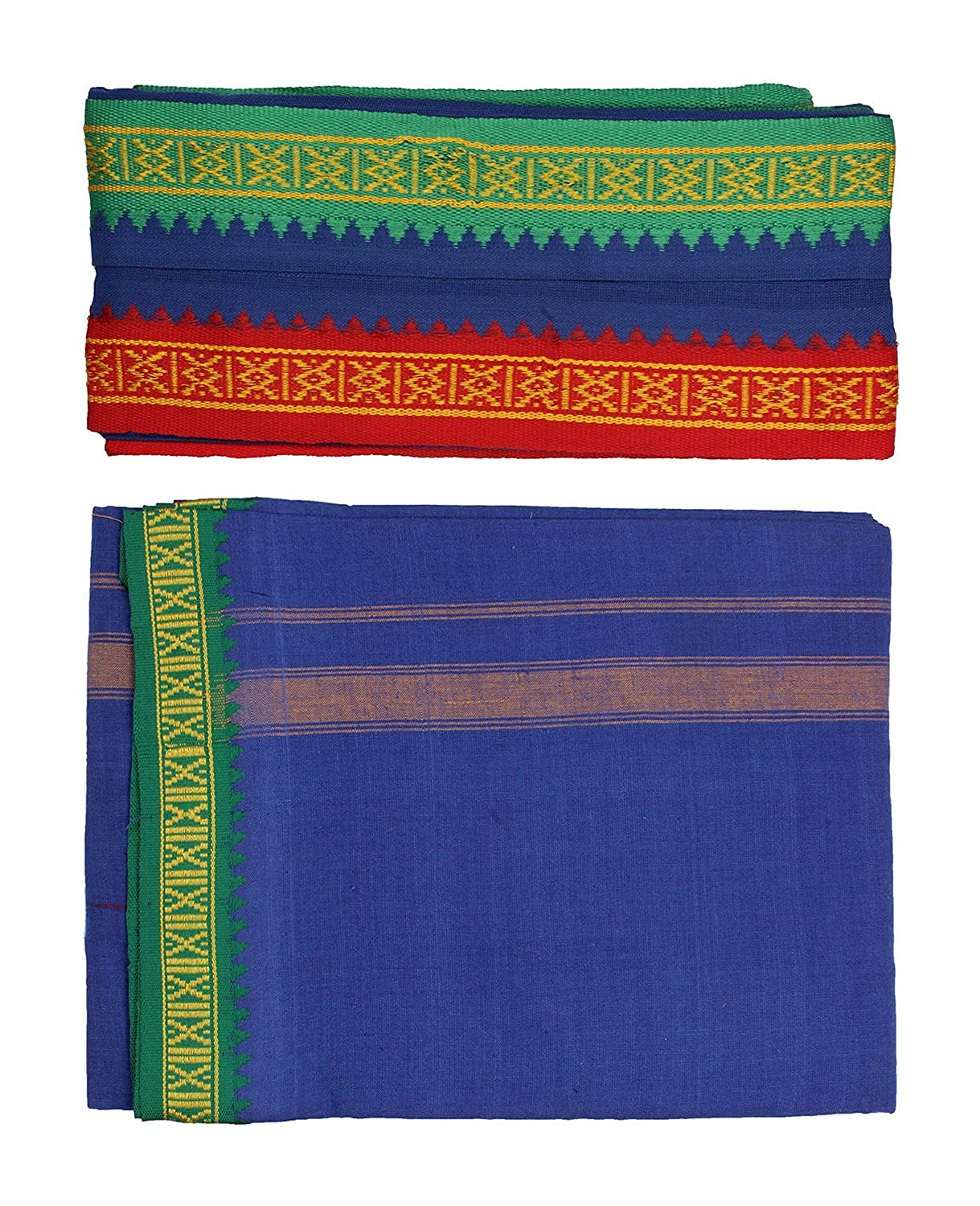 Stylesindia Men's Cotton Colored Single Layer Thalapathy Dhoti with Angavastram (Towel), Blue, Free Size