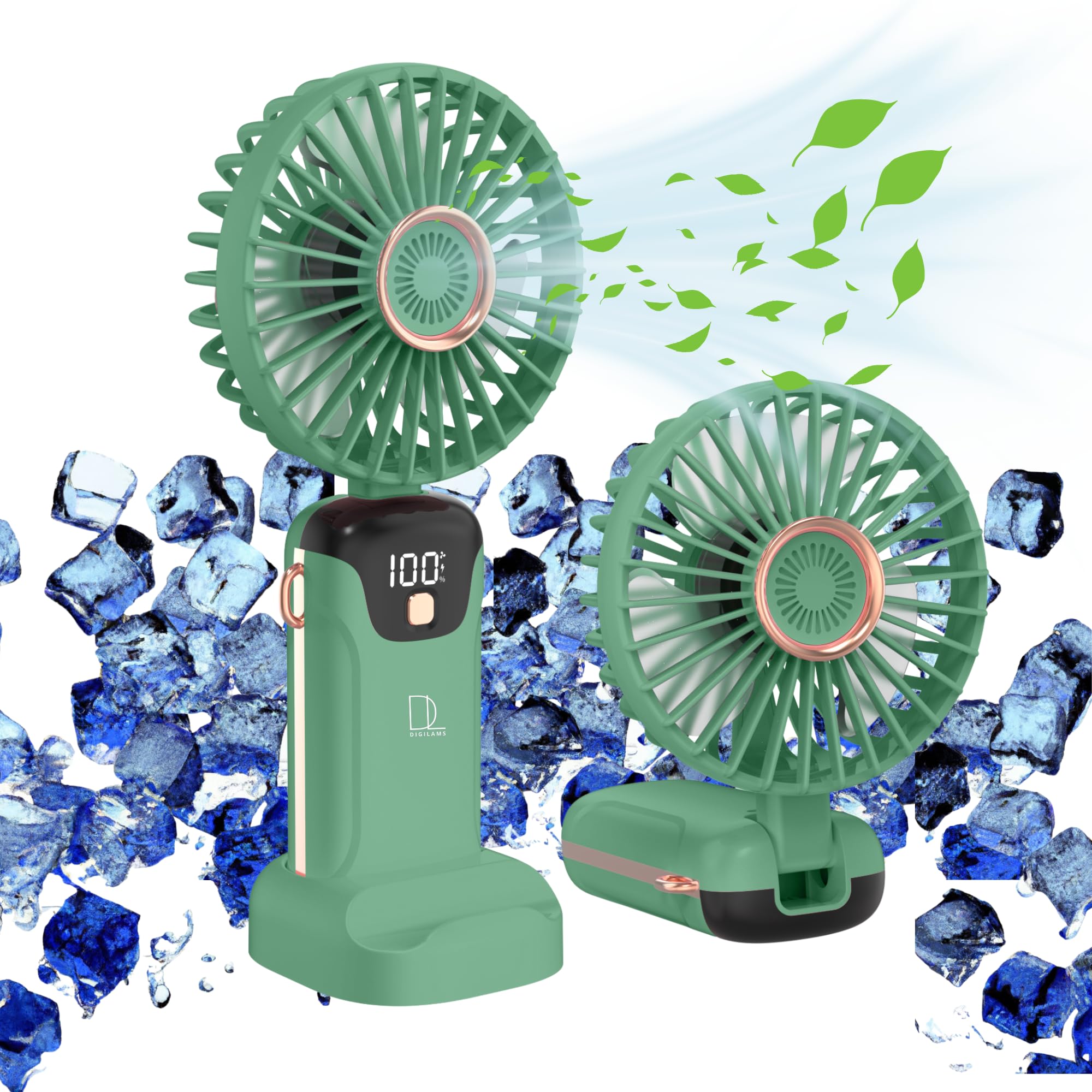 Digilams Handheld Fan | Portable, 5 Speeds, Digital Display USB Fan | Hand Held Fans Rechargeable | Mini, Desk Fan Ideal for Home, Office, Outdoor and Travel (Green)