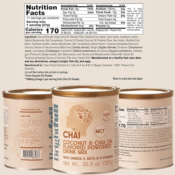 BRIGHTFULL CHAI, COCONUT, & CHIA OIL NUTRIENT BLEND – FLAVORED POWDERED DRINK MIX WITH OMEGA 3, MCTS, AND B VITAMINS (10.5OZ JAR)