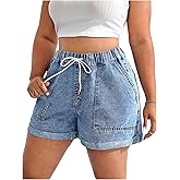 SOLY HUX Women's Plus Size Drawstring Elastic Waist Denim Shorts Straight Leg Casual Summer Short Jeans