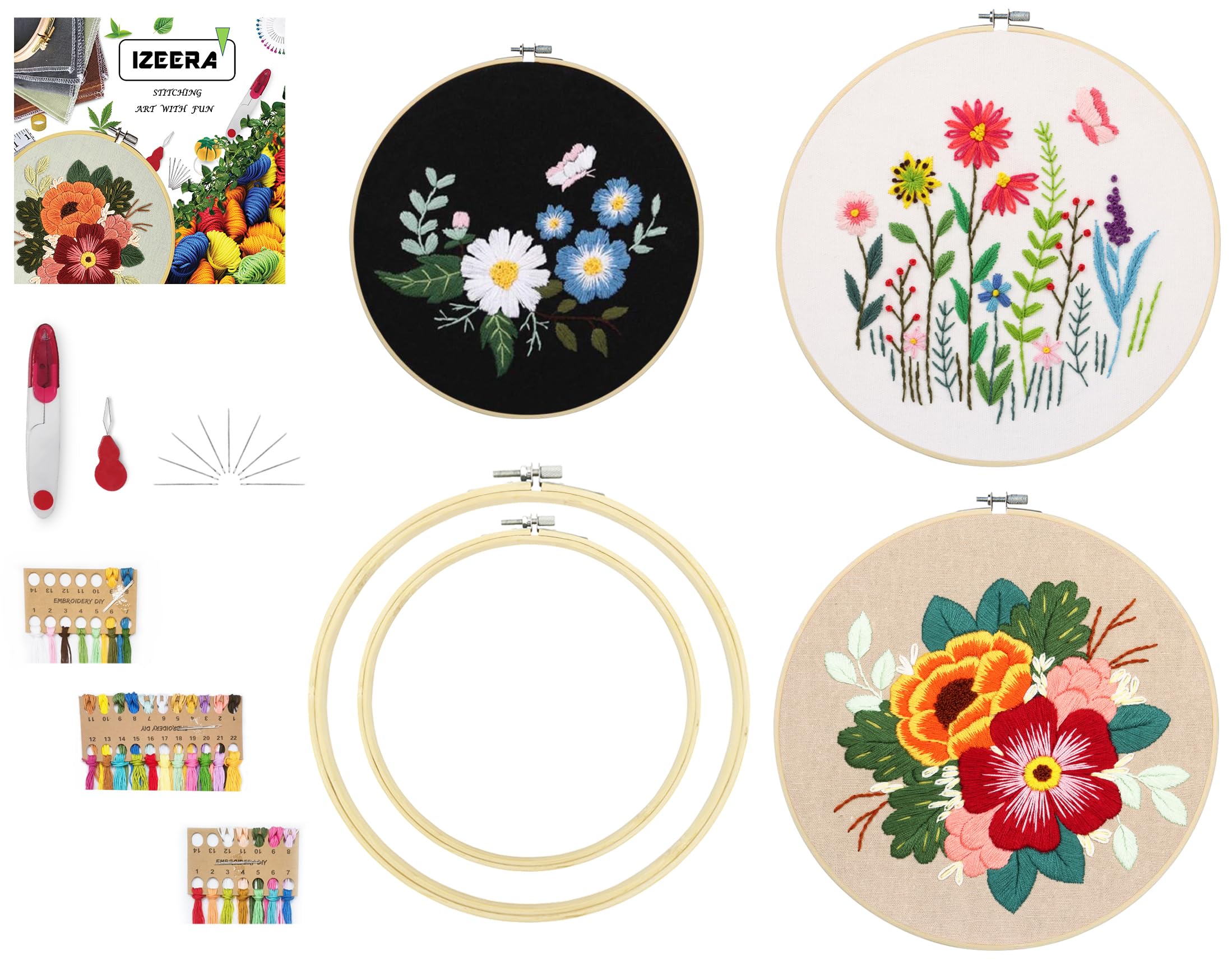 IZEERA 3 Pack Embroidery Starter Kit with Embroidery Clothes, 2 Pieces Bamboo Hoops, Full Range of Tapestry Kits for Adults with Floral Patterns and Instructions, Color Threads and Tool Kit