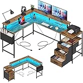 GYIIYUO L Shaped Desk 64+50 Inch, 2 Power Strips (6 AC) and LED, Large Gaming Table with 3 Fabric Drawers & 2 Monitor Stands,