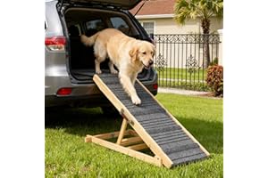 TIMHAKA Dog Ramp for Bed with 7 Adjustable Heights, Folding Dog Car Ramp for Small, Large & Old Dogs with Non-Slip Surface & Strip, Wooden Pet Ramp for SUV, Car & Truck, Supports up to 150lbs