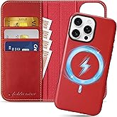 SHIELDON Wallet Case for iPhone 16 Pro Max 6.9", Genuine Leather 2 in 1 Removable Folio Magnetic Wireless Charging RFID Blocking Card Holder Kickstand Compatible with iPhone 16 Pro Max - Retro Red