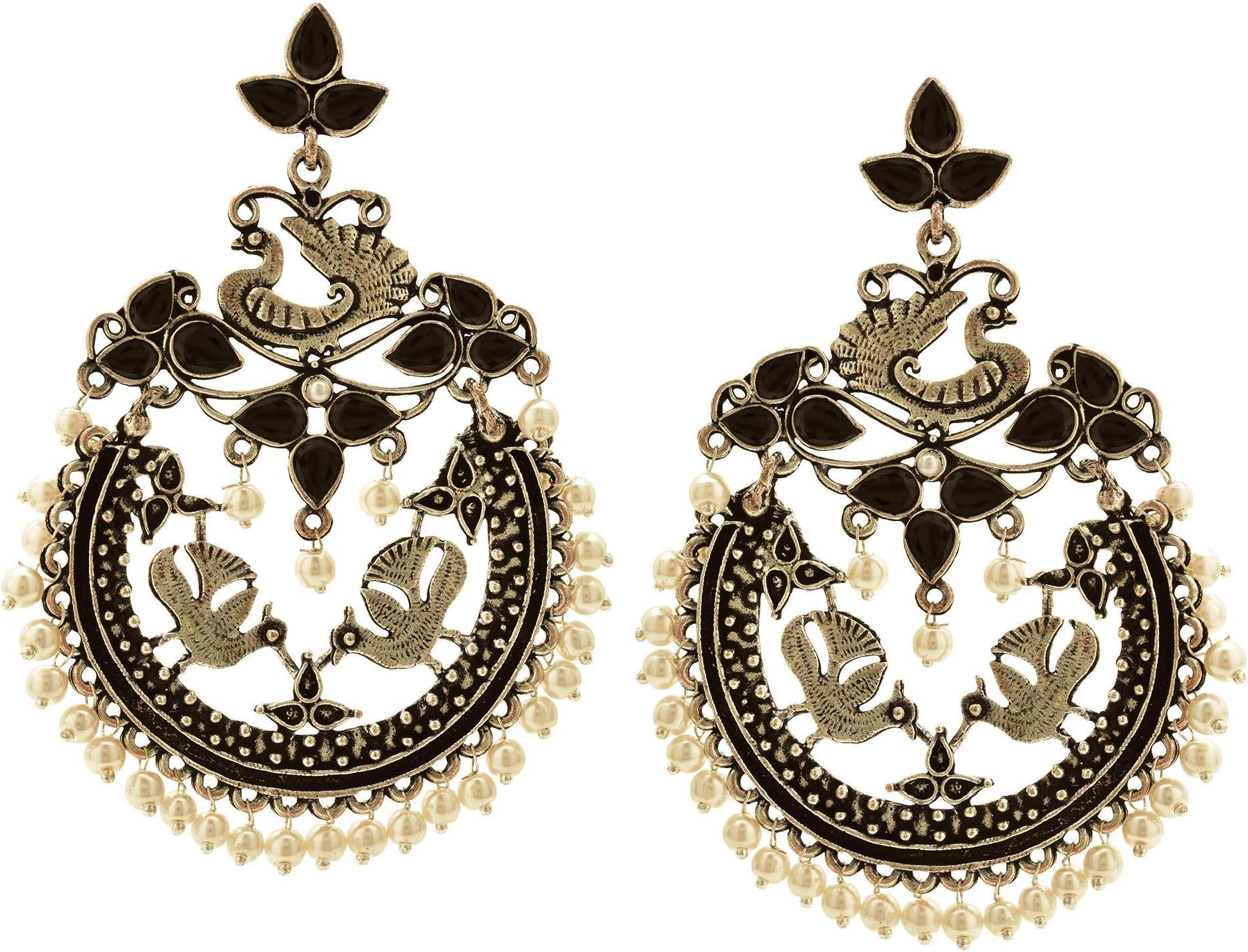 Efulgenz Oxidized Jewelry Boho Vintage Antique Tribal Indian Oxidized Silver Chandbali Dangle Statement Hook Earrings Jewelry