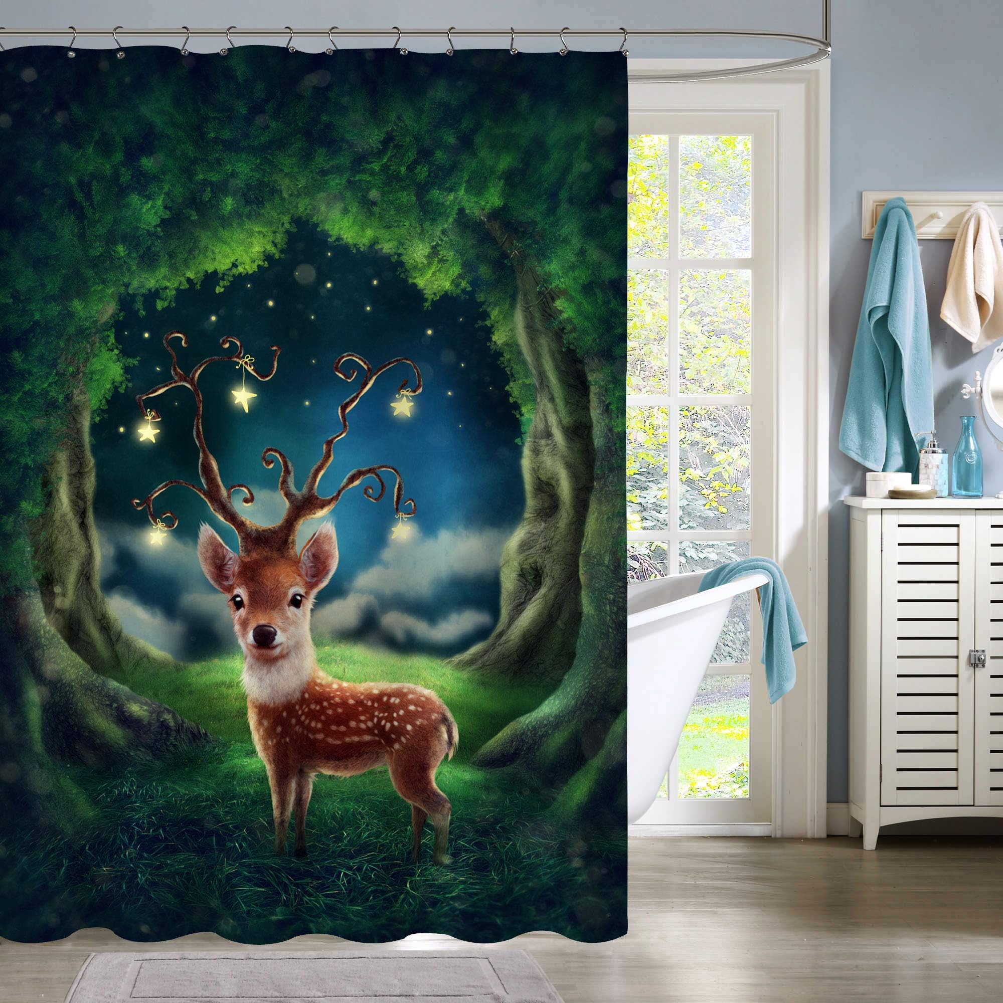 MitoVilla Little Deer in a Magic Forest at Fairy Night Shower Curtain, Forest Animal Wild Landscape Artwork for Winter Home Decor, Waterproof Fabric Bathroom Accessories, Green Brown, 72 x 72 Standard