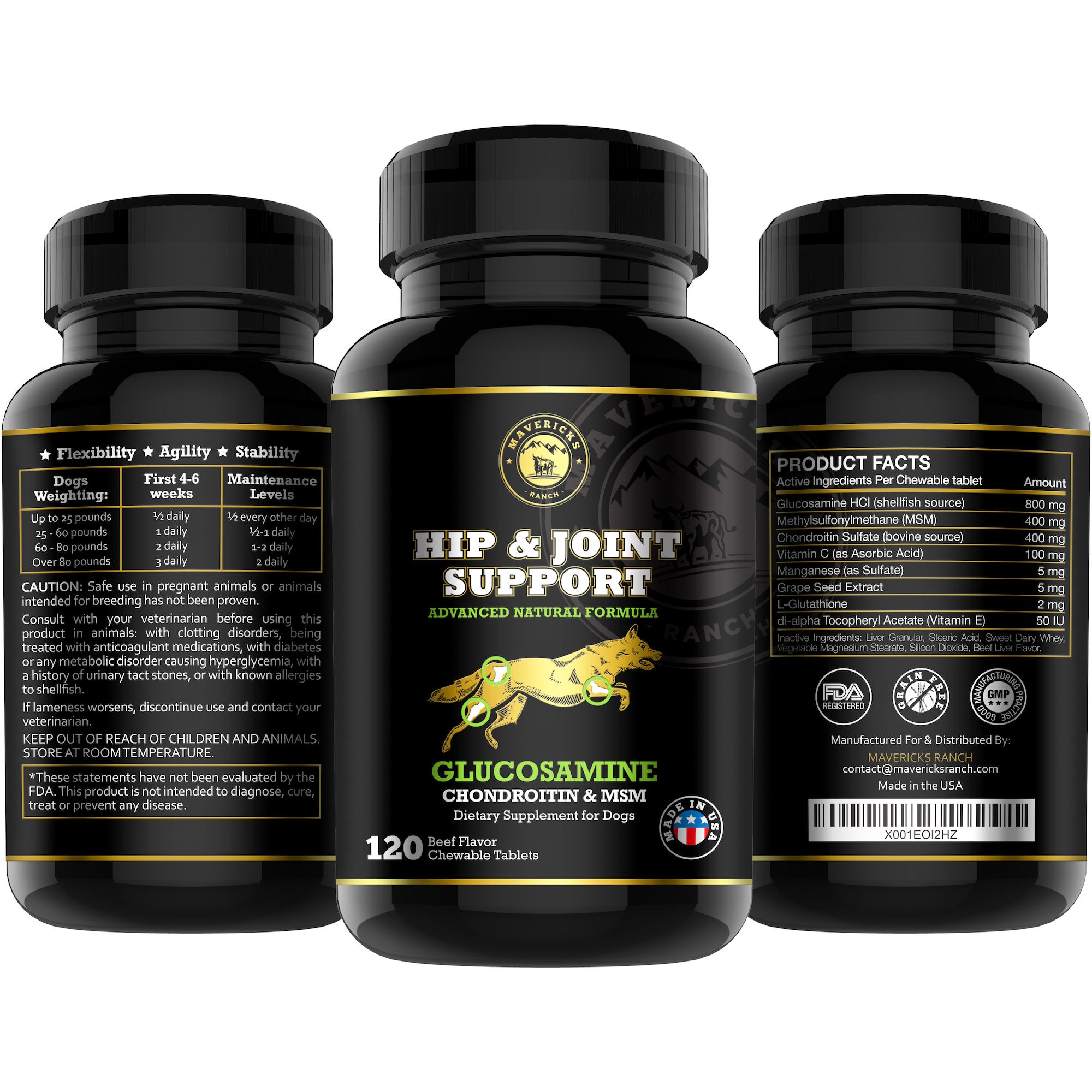 Mavericks Ranch Hip and Joint Supplement For Dogs | Best Canine Glucosamine Chondroitin, MSM & Vitamins C & E | 30-120 Day Support | 100% Natural & Made In USA | FDA | Chews Treats