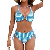 Blooming Jelly Womens Sexy Bikini Set Mid Rise Striped Crinkle Side Tie Two Piece Swimsuit High Cut Cheeky Bathing Suit