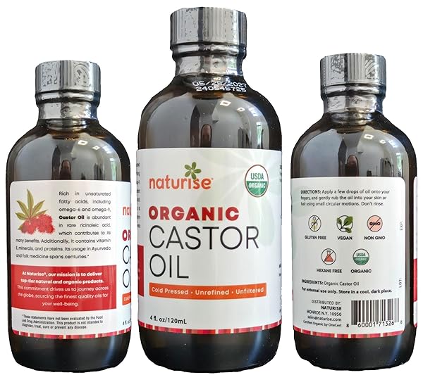 NATURISE USDA ORGANIC CASTOR OIL FOR HAIR GROWTH – PURE CASTOR OIL ORGANIC COLD PRESSED & UNREFINED IN GLASS BOTTLE – VEGAN, NON-GMO OILS FOR EYELASH, EYEBROW, HAIR, SKIN & FACE SUPPORT (4 FL OZ)
