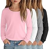 LessonZoo 4 Pack Girls Long Sleeve Shirts Kids Loose Round Neck Casual Toddler Basic Tops Soft Cute Tween Youth Tee