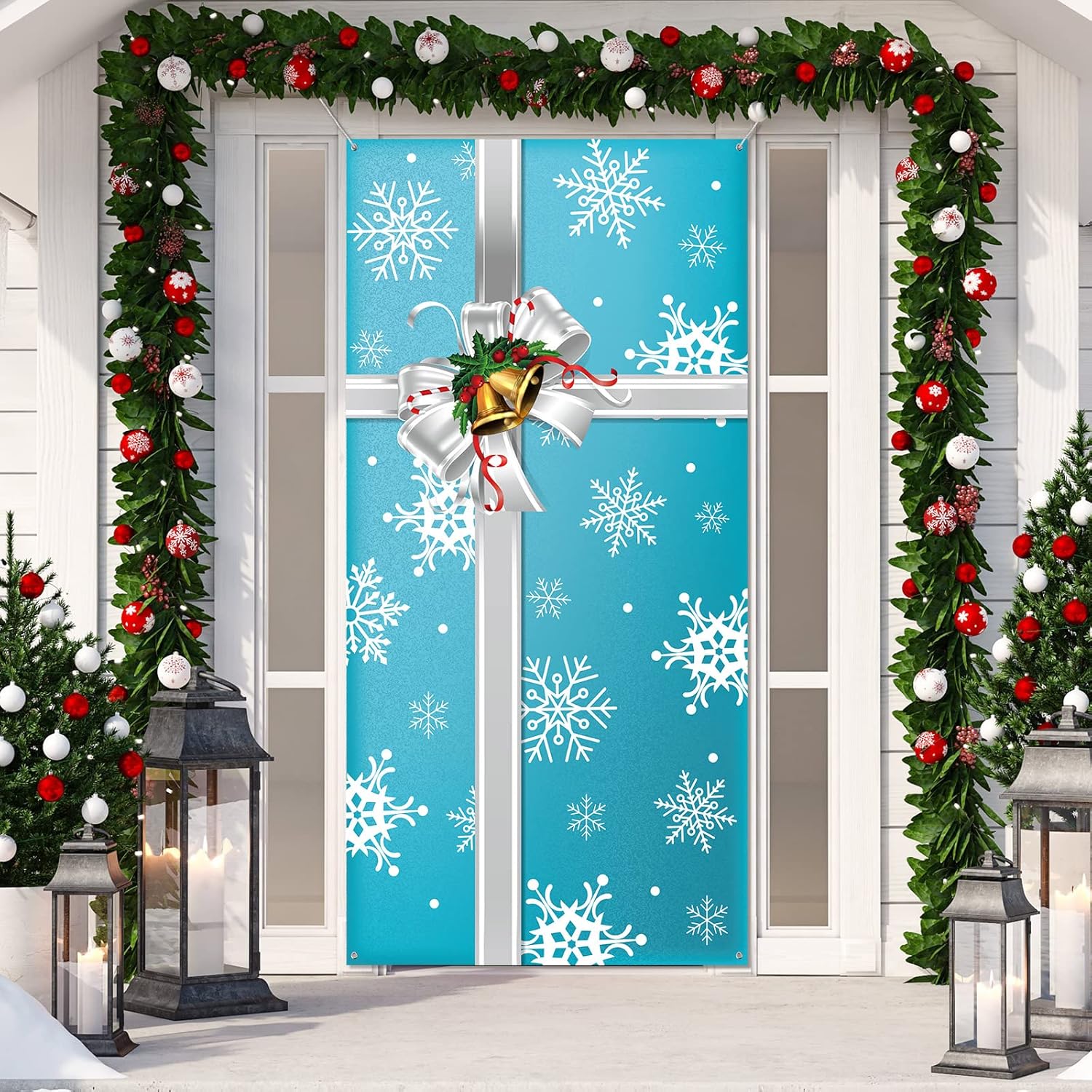 Garage Door Decorations - Tiamon Christmas Door Cover Xmas Door Decorations Christmas Gift Box Present Door Cover Winter Holiday Door Cover Sign Christmas Hanging Ornaments for New Year Party 71 x 35 Inch(Snowflake)
