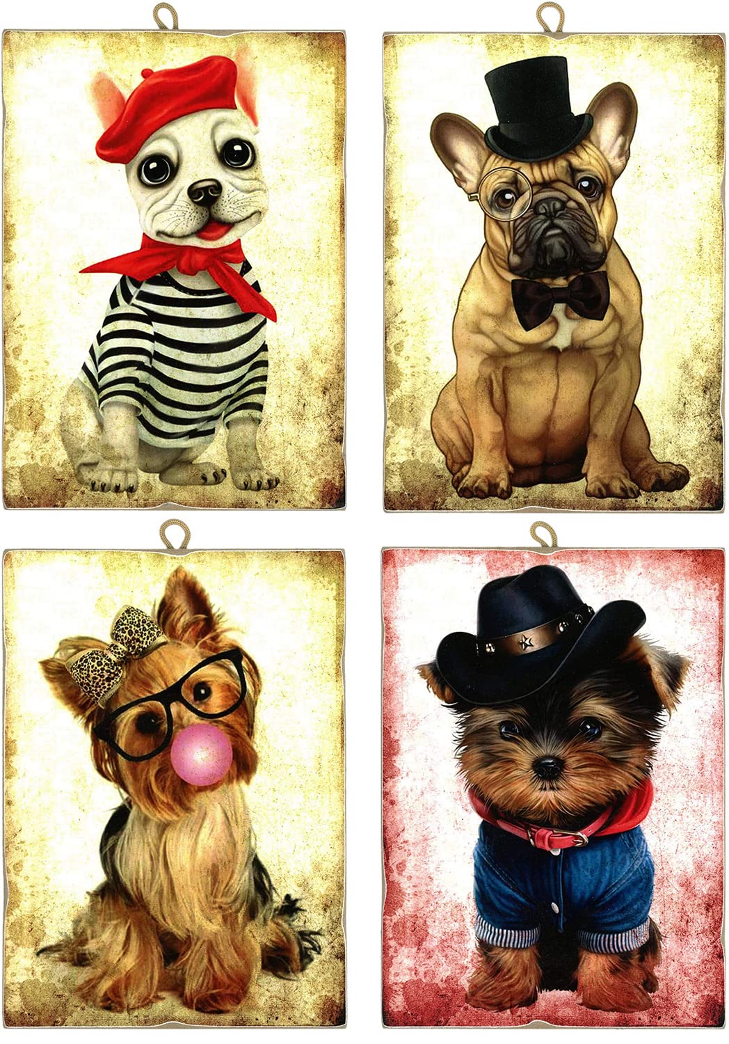 KUSTOM ART Composition of 4 Paintings Vintage Style Animal Series (Dogs). Print on Wood 18x25 cm each picture