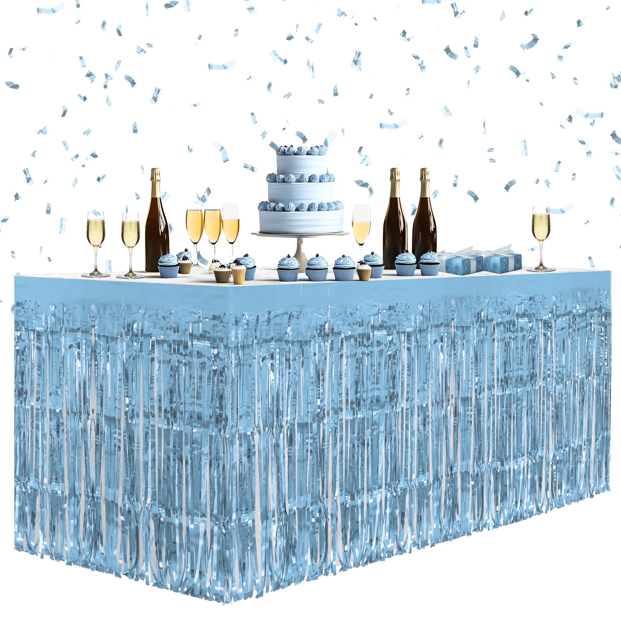 Photo 1 of 2 Pack Light Blue Table Skirts, 29x108" Metallic Foil Tinsel Fringe Table Skirts for Rectangle Tables Streamer Curtains Backdrop, Party Decorations for Birthdays Weddings Holidays
