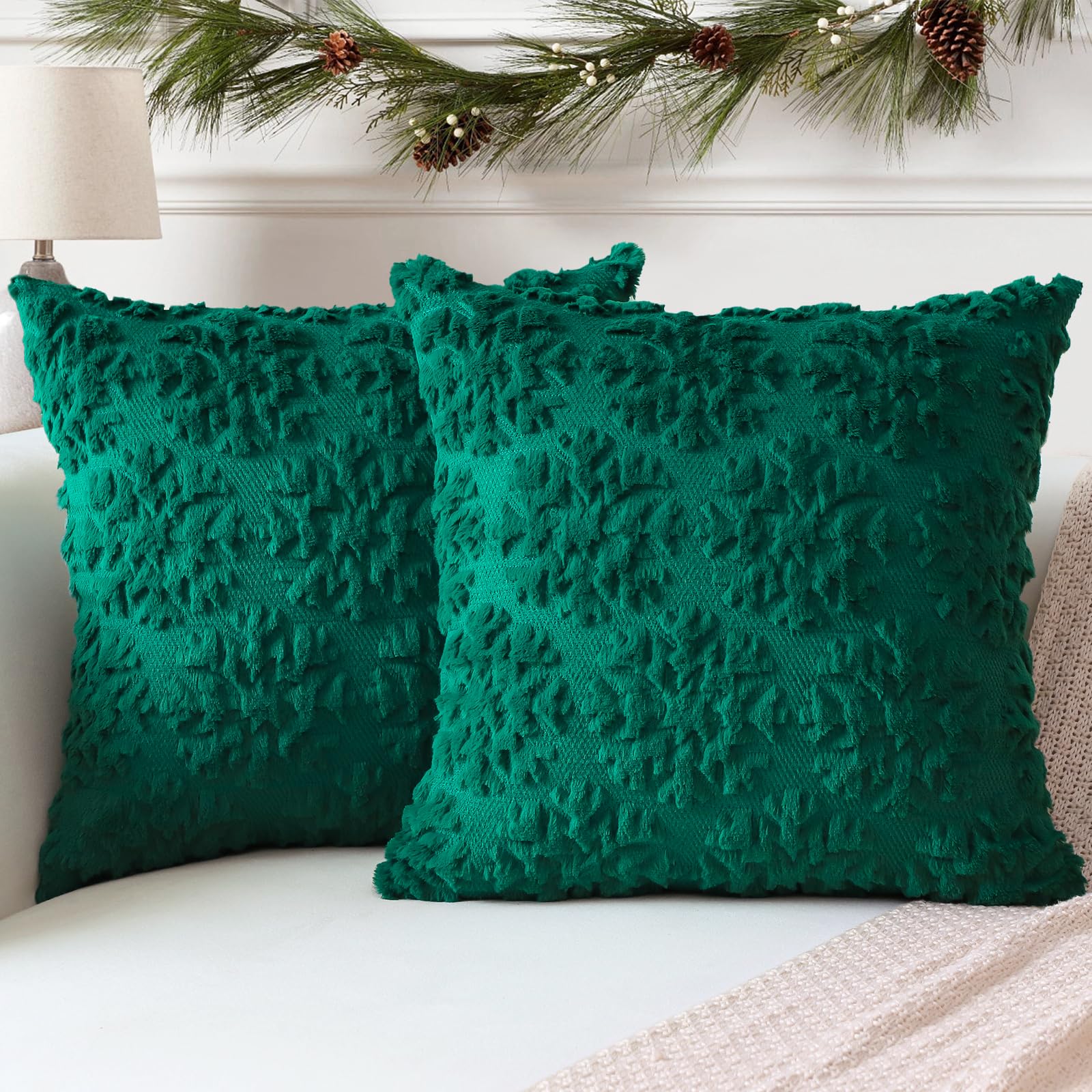 Artscope Set of 2 Xmas Soft Plush Short Wool Velvet Decorative Cushion Covers 50x50cm Square Luxury Style Throw Pillow Covers Pillow Shell for Sofa Bedroom Christmas Snowflake Green
