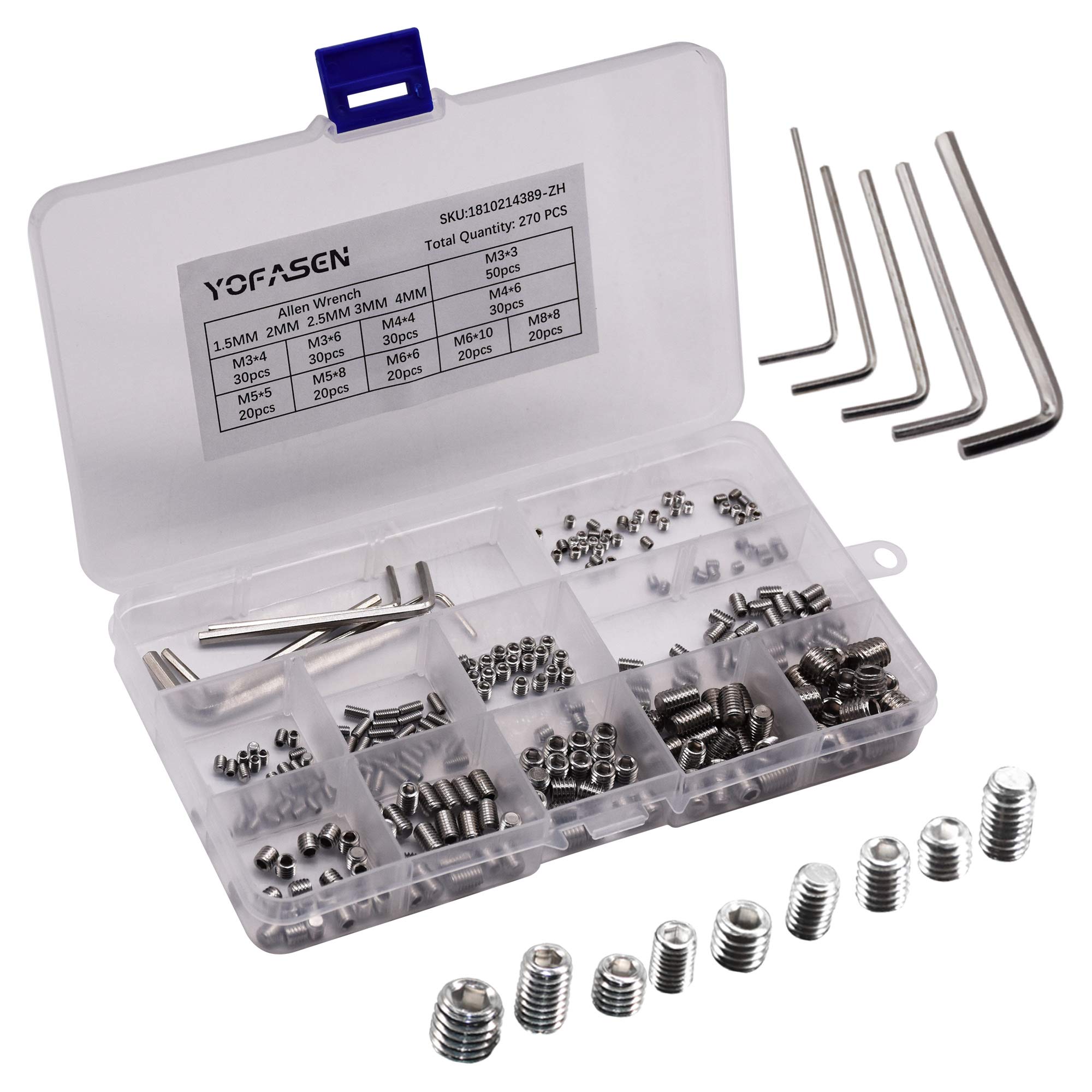 YOFASEN Grub Screws - Metric Thread 304 Stainless Steel M3 M4 M5 M6 M8 Set Screws Allen Head Socket Screws Allen Key Wrench Mixed Assortment Kit, Style-C (270 pcs)