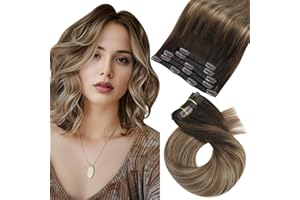 Moresoo Clip in Hair Extensions Balayage 14inch Remy Clip in Extensions Human Hair Ombre Dark Brown to Dark Ash Blonde with Golden Blonde Hair Extensions Real Human Hair Clip ins Double Weft 5Pcs 70G