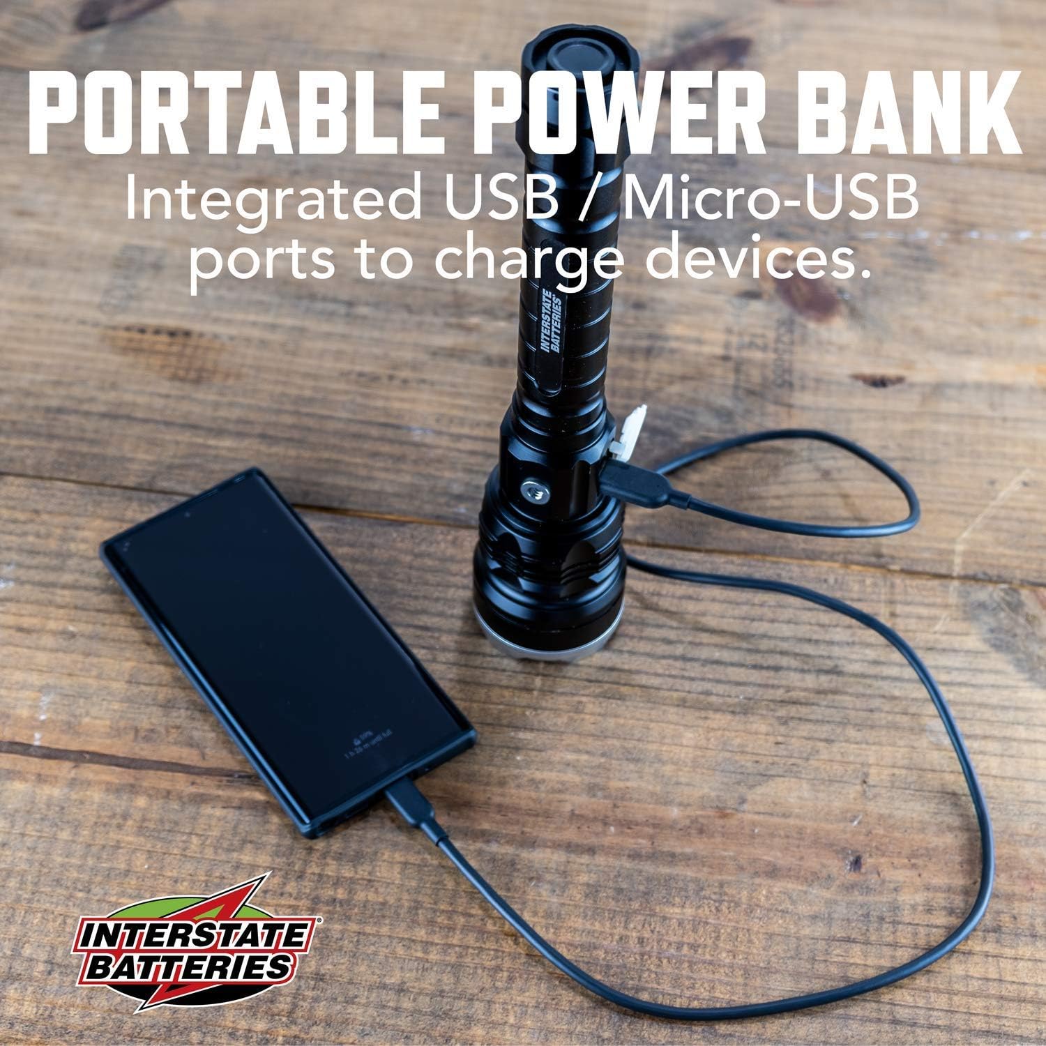 Interstate Batteries 8000 Lumen Flashlight Rechargeable LED Flood Light with Portable Power Bank, Micro-USB Charging Port, Anodized Finish (LIG6100) - - 