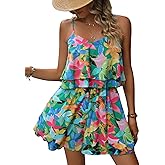 RoseSeek Women's Boho Wide Leg Short Romper Spaghetti Strap Layered Ruffle Vacation Summer Jumpsuit