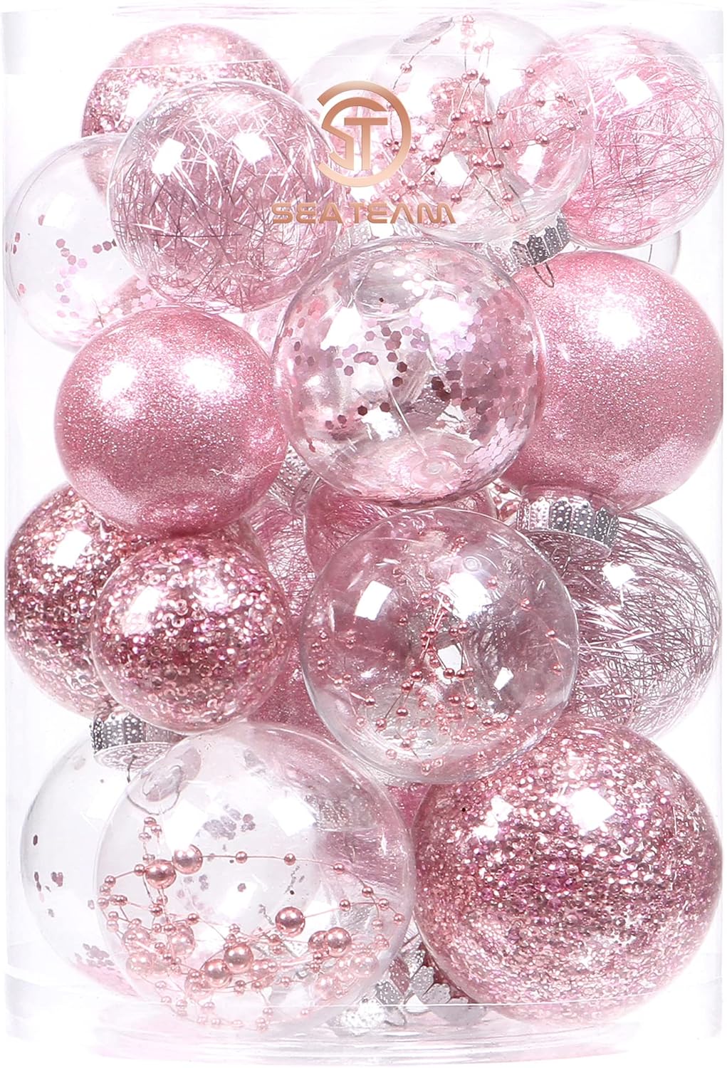 Ornaments - Sea Team Multi-Size Shatterproof Clear Plastic Christmas Ball Ornaments Decorative Xmas Balls Baubles Set with Stuffed Delicate Decorations (25 Counts, Pink)