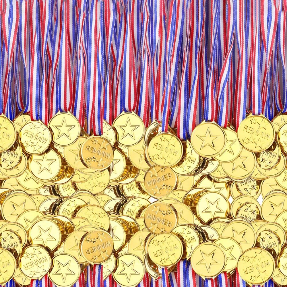 CJBIN 100 Pieces Plastic Medals for Kids, Gold Medals for Children with Ribbon, Medal for Adults, Sports Day Medal for Kids Party Favors, Sports Competition and Decorations