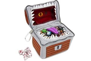 CASEMATIX Mimic Dice Chest and DND Dice Case with 7 Included RPG Dice - 6.5" Mimic Chest Dice Bag with Zipper Closure and Carabiner for 150 Dice, Protective Novelty Dice Holder for Tabletop Dice