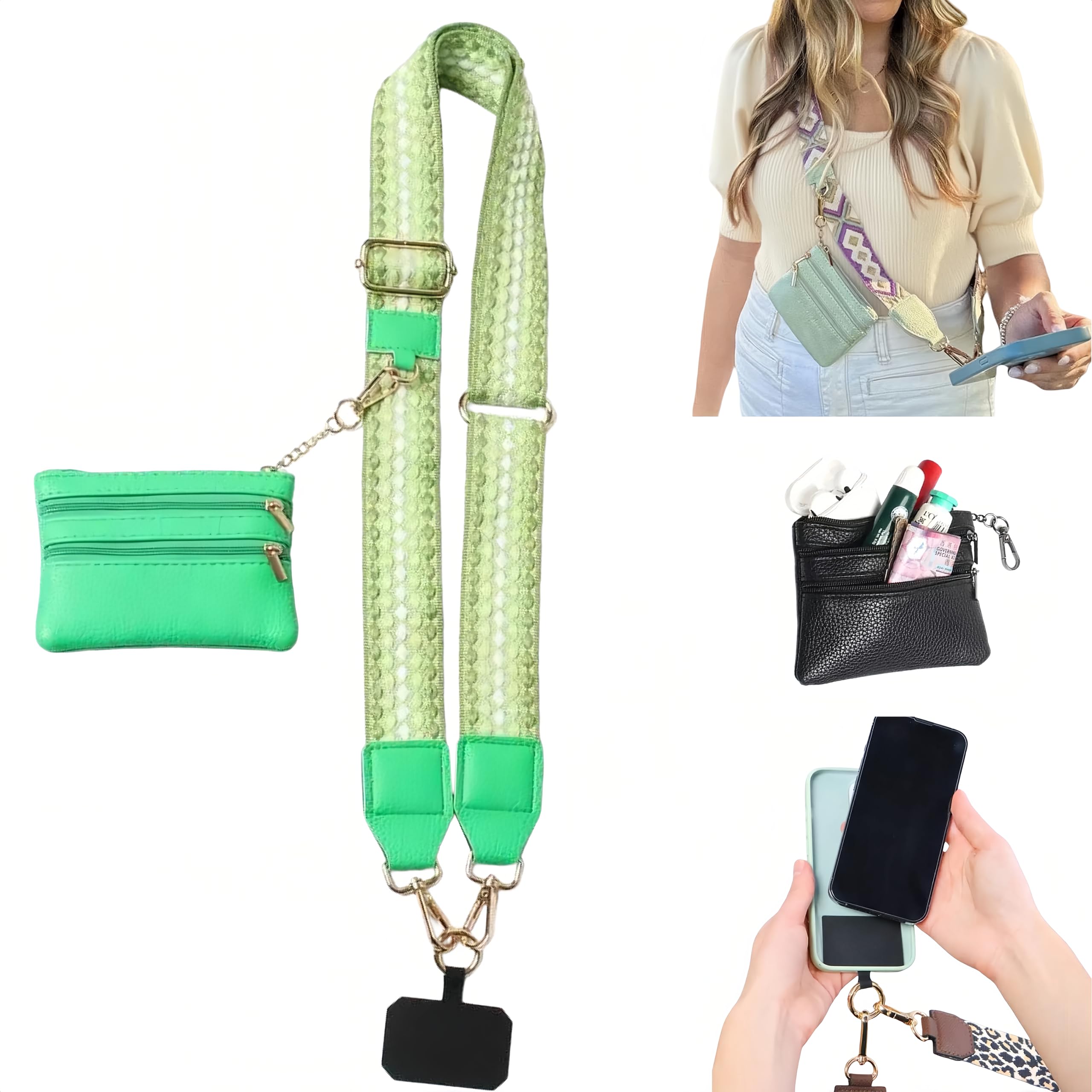Crossbody Body Phone Holder for Women, New Phone Strap with Zippered Pouch, Adjustable Crossbody Strap (Green dot)